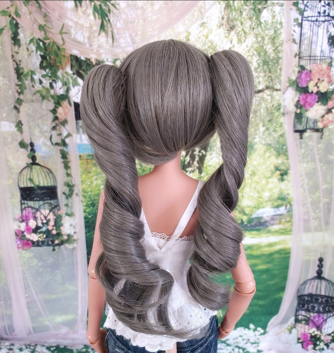 Custom doll WIG for Smart Dolls- Heat Safe - Tangle Resistant- 8.5" head size of Bjd, SD, Dollfie Dream dolls Grey ponytails removeable