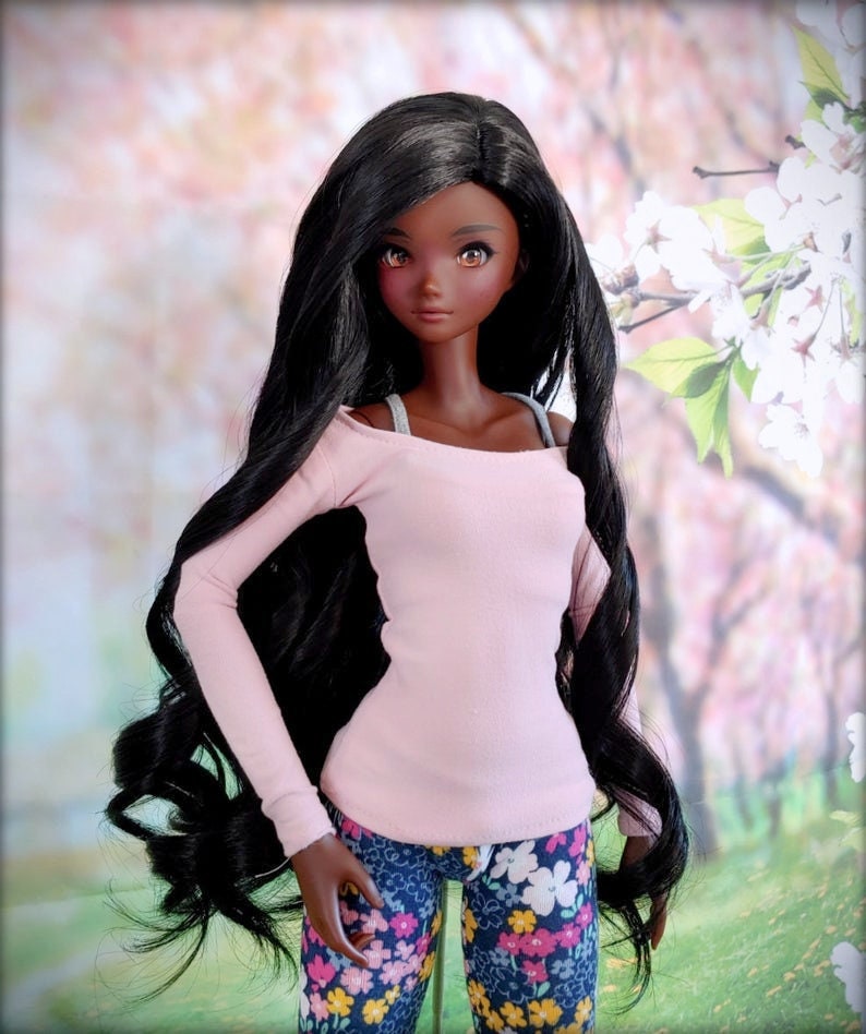 Custom doll Wig for Smart Dolls- "TAN CAPS" 8.5" head size of Bjd, SD, Dollfie Dream dolls  Black curls