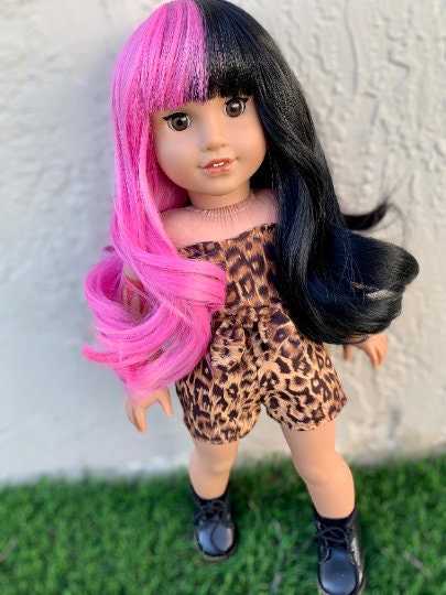 Custom HAND DYED Doll Wig for 18" American Girl Doll Heat Safe Tangle Resistant - fits 10-11" head size of most 18" dolls Black & pink