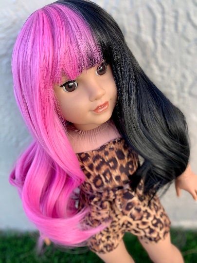 Custom HAND DYED Doll Wig for 18" American Girl Doll Heat Safe Tangle Resistant - fits 10-11" head size of most 18" dolls Black & pink