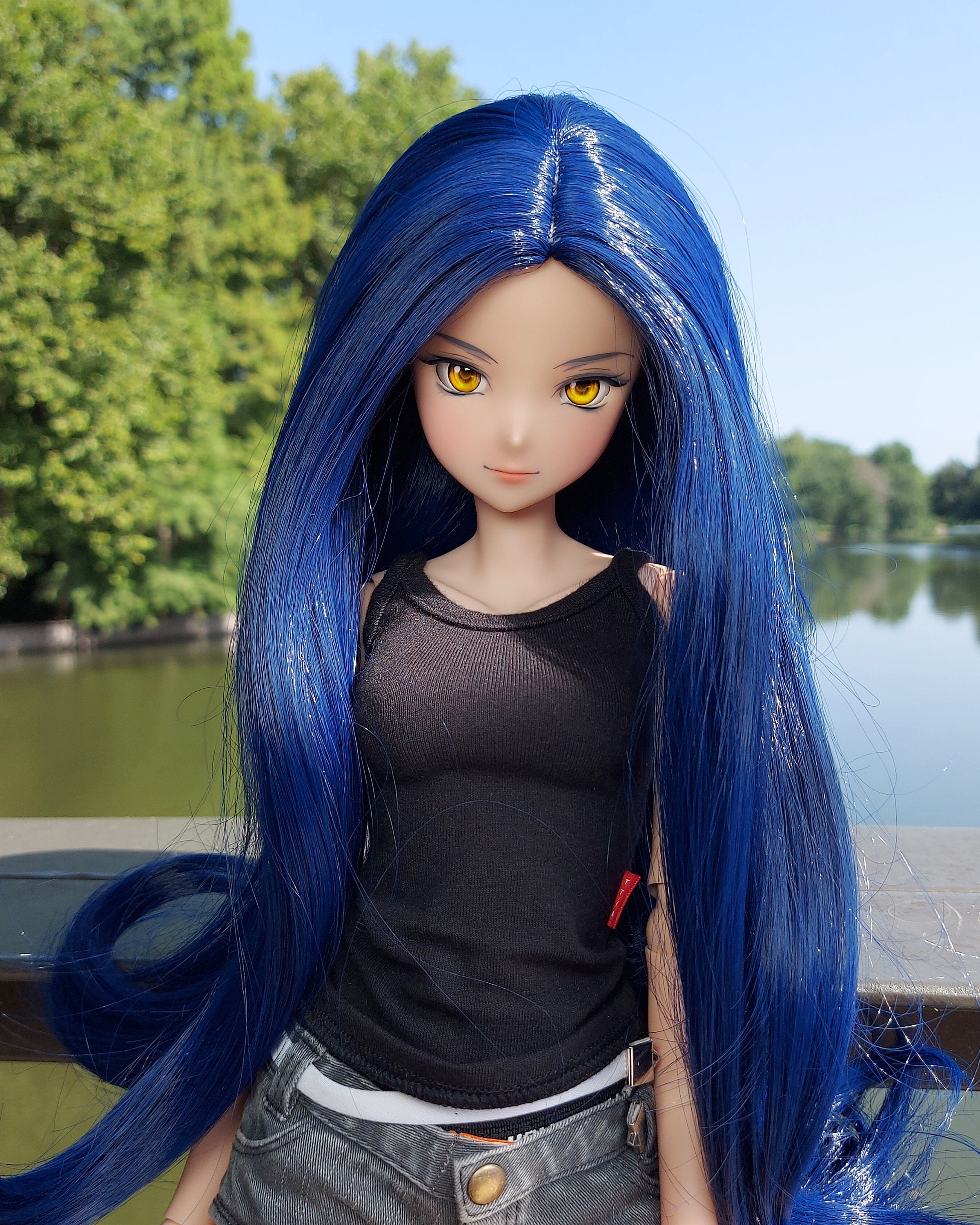 Custom doll Wig for Smart Dolls- "TAN CAPS" 8.5" head size of Bjd, SD, Dollfie Dream dolls deep blue