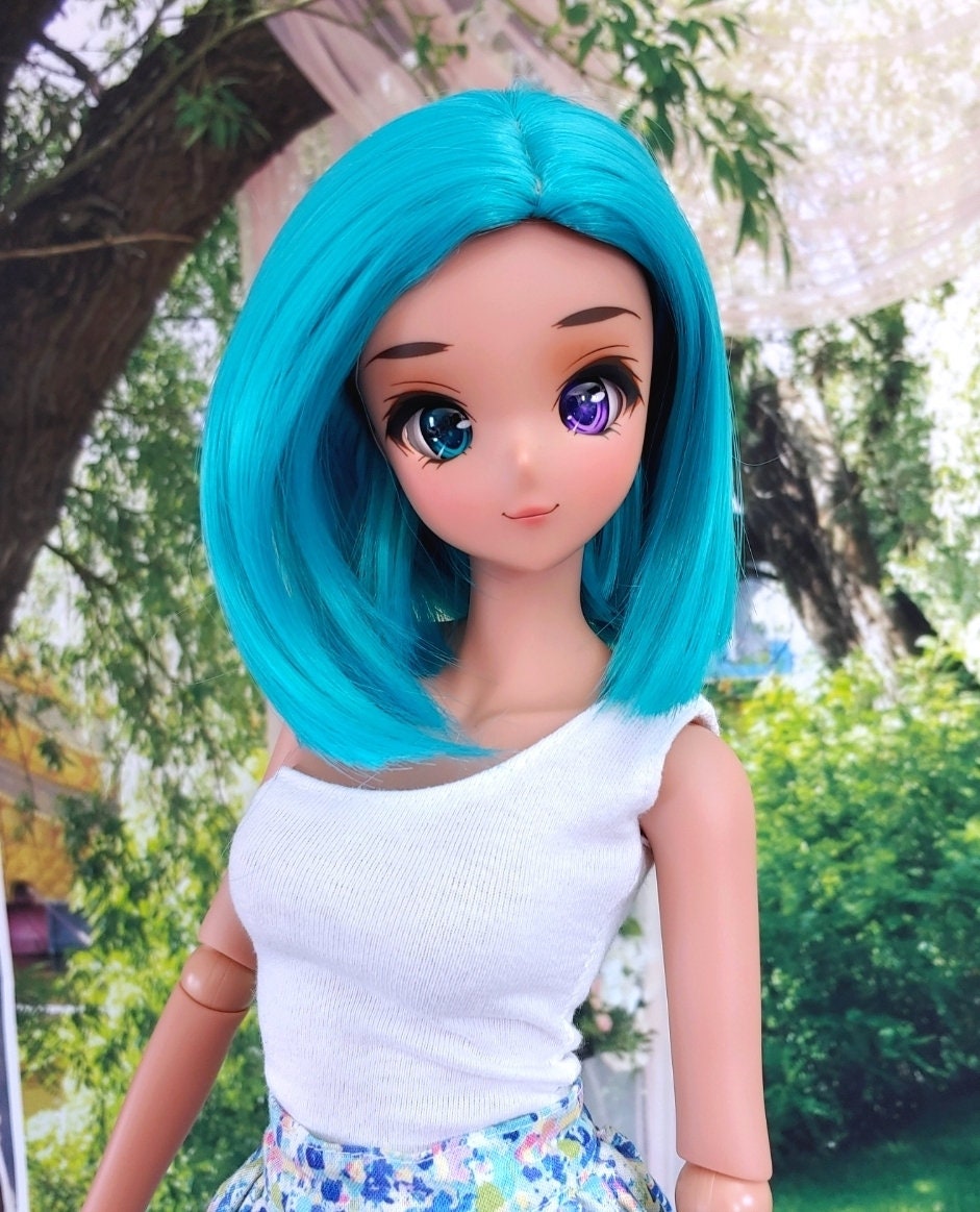 Custom doll Wig for Smart Dolls- Heat Safe - Tangle Resistant- 8.5" head size of Bjd, SD, Dollfie Dream dolls  Teal Bob