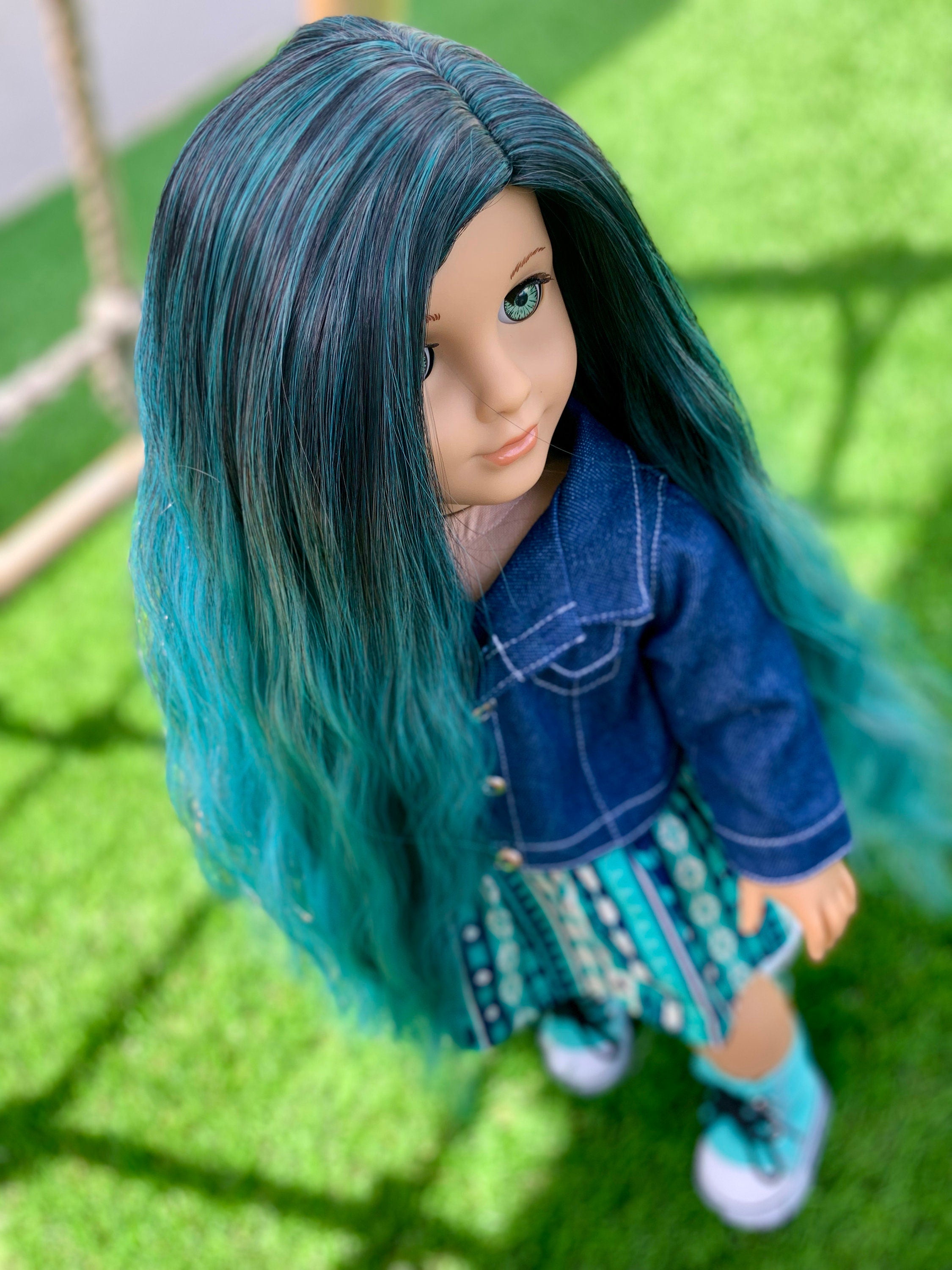 Custom DYED OMBRE Doll Wig for 18" American Girl Doll Heat Safe Tangle Resistant - fits 10-11" head size of all 18" dolls teal mermaid ombre