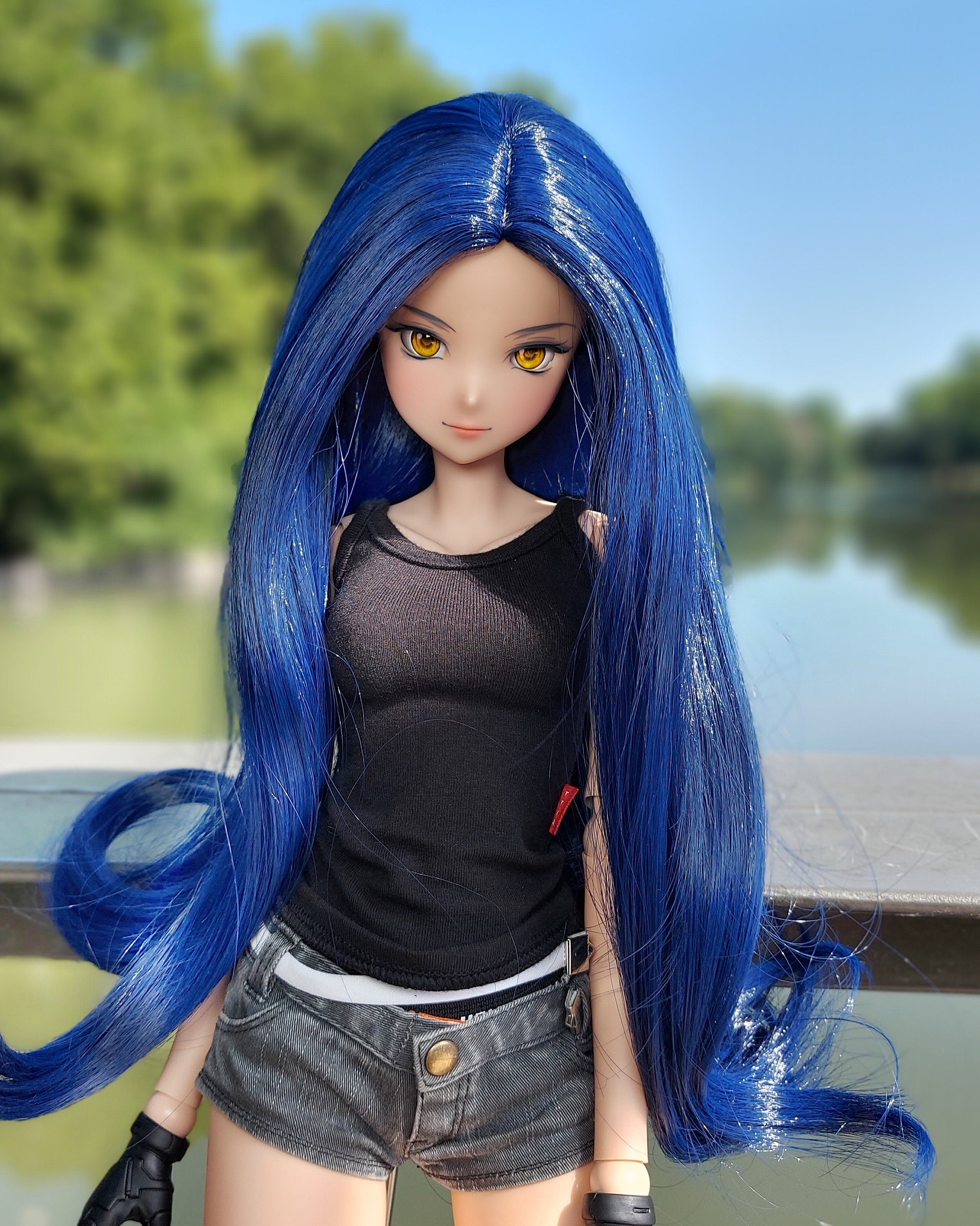 Custom doll Wig for Smart Dolls- "TAN CAPS" 8.5" head size of Bjd, SD, Dollfie Dream dolls deep blue