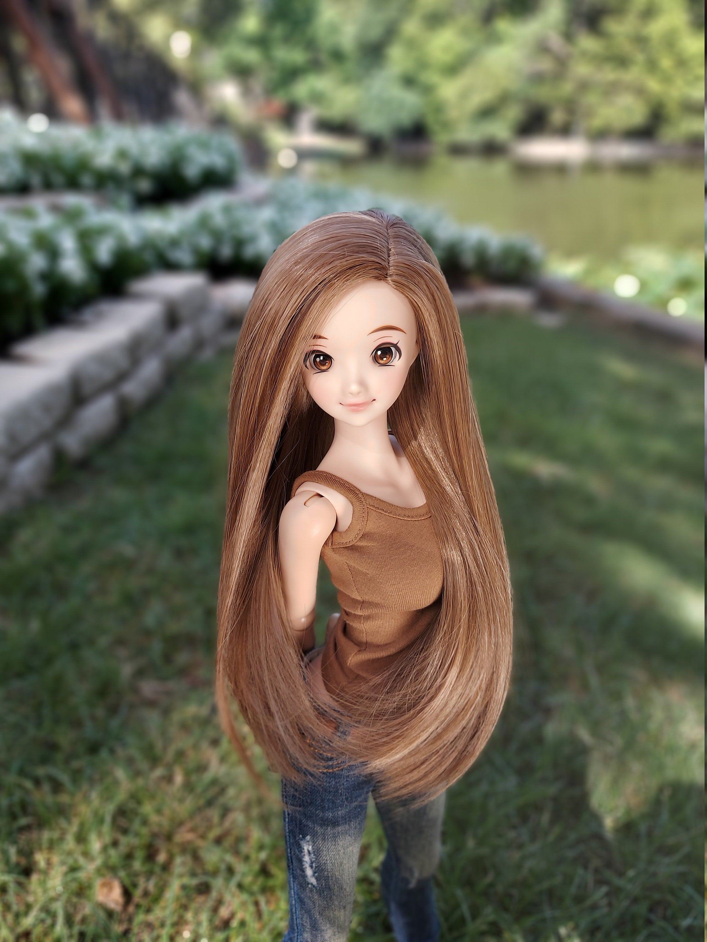 Custom doll Wig for Smart Dolls- Heat Safe - Tangle Resistant- 8.5" head size of Bjd, SD, Dollfie Dream dolls caramel brown