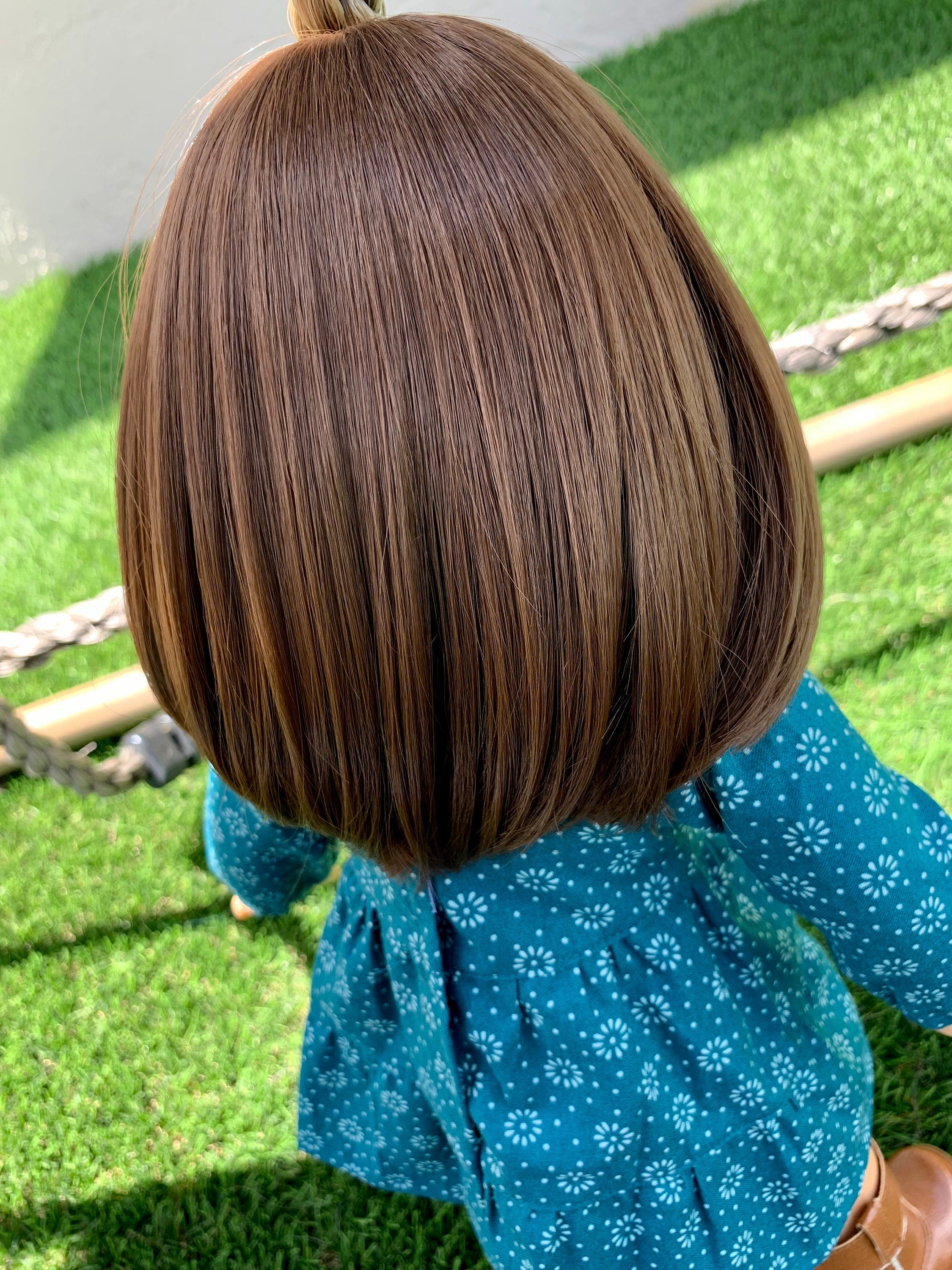 Custom doll wig for 18" American Girl Dolls -Heat & Tangle Resistant - fits 10-11" size of 18" dolls OG Blythe BJD Gotz dark brown bangs