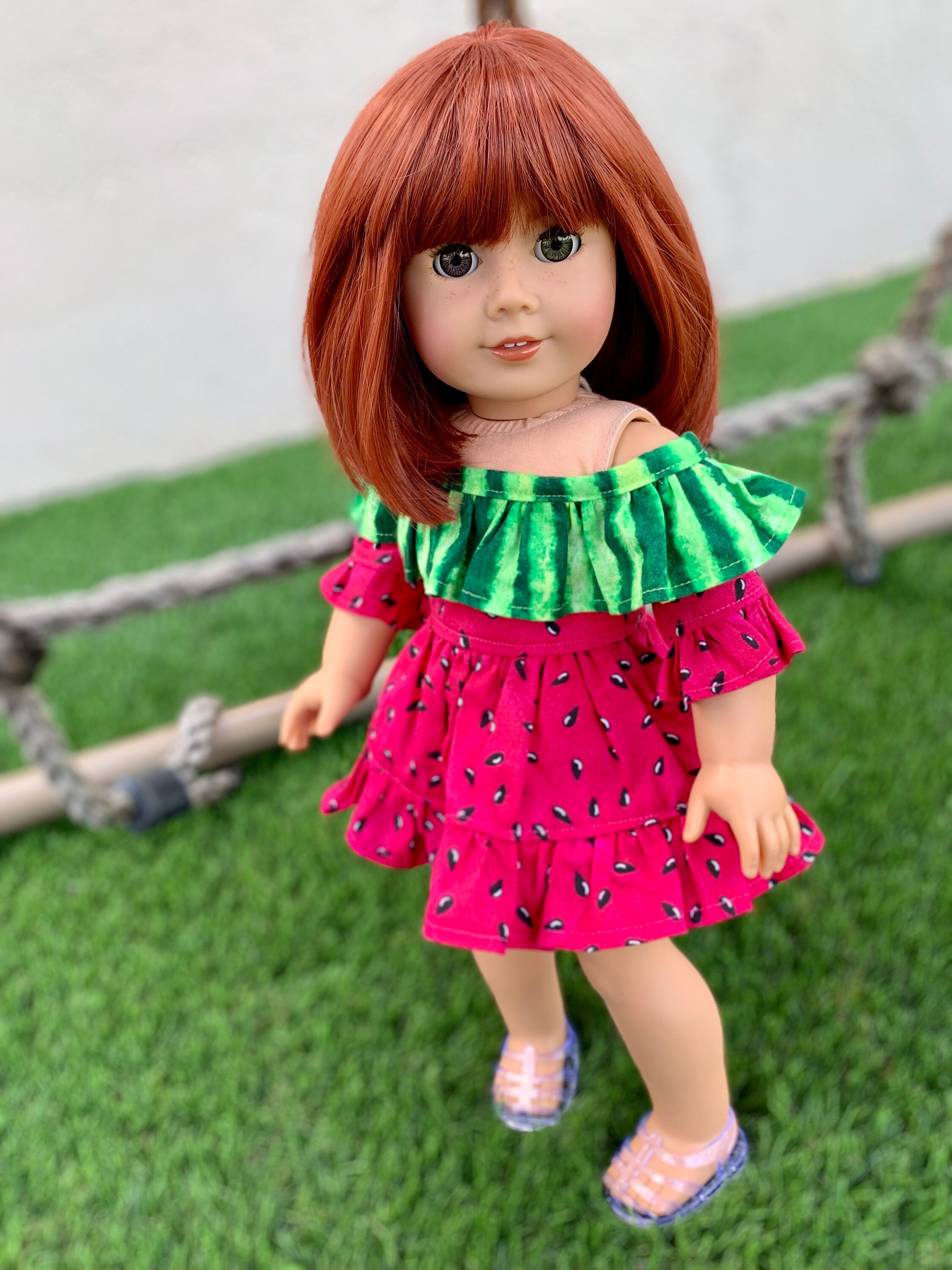 Custom doll wig for 18" American Girl Dolls -Heat & Tangle Resistant - fits 10-11" size of 18" dolls OG Blythe BJD Gotz dark Red bangs