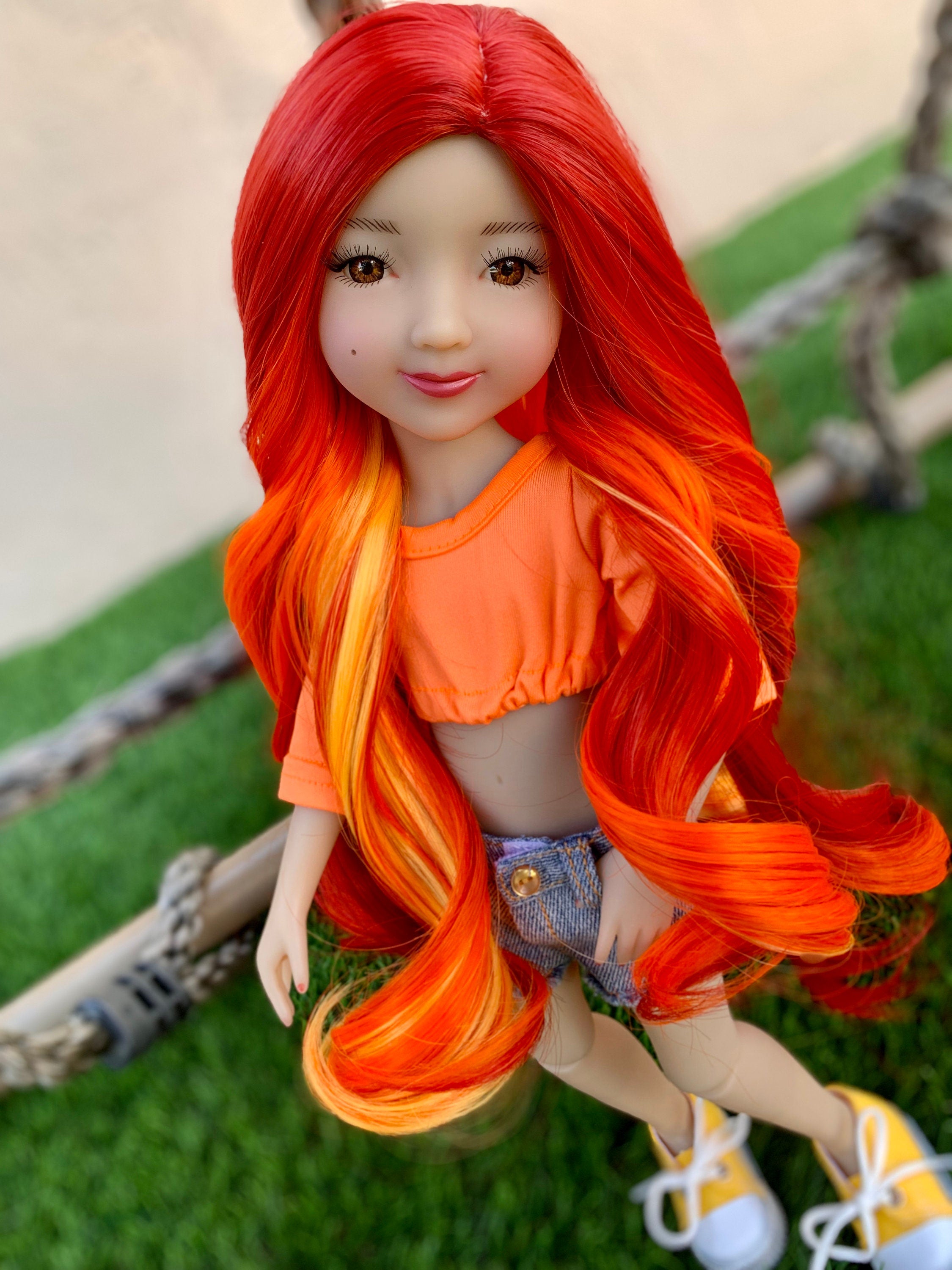 Custom doll WIG for 14"  Dolls - Heat Safe-Tangle Resistant-fits 8-9" head size Kaye Wiggs Ruby Red Fashion Friends girls of the orient fire