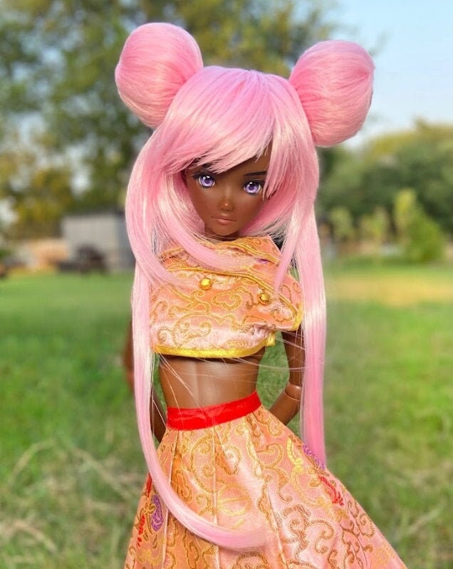 Custom doll Wig for Smart Dolls- Heat Safe - Tangle Resistant- 8.5" head size of Bjd, SD, Dollfie Dream dolls  pink buns