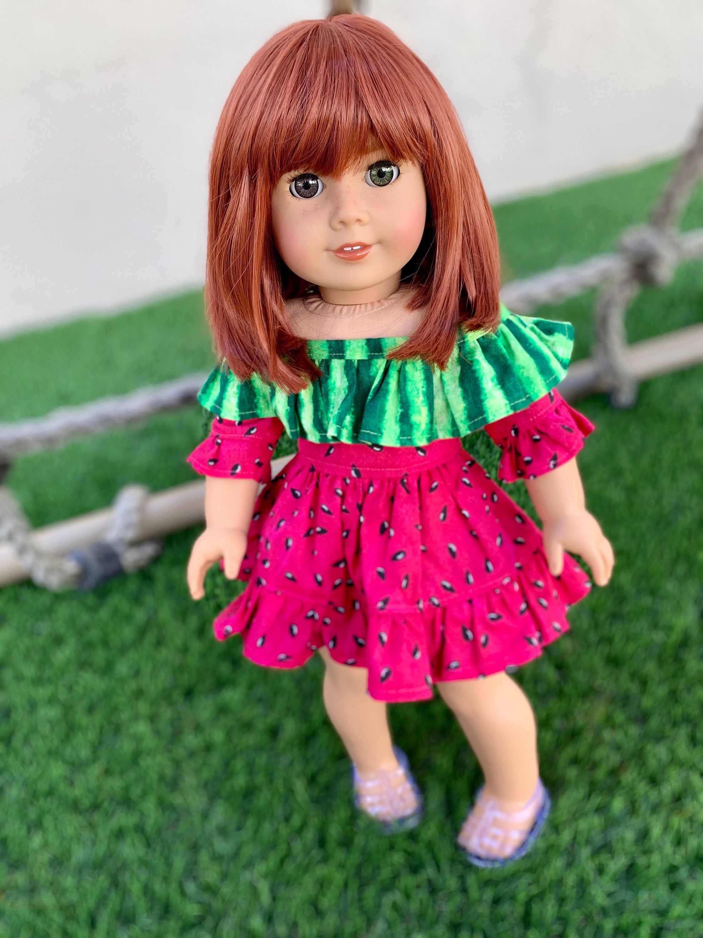 Custom doll wig for 18" American Girl Dolls -Heat & Tangle Resistant - fits 10-11" size of 18" dolls OG Blythe BJD Gotz dark Red bangs