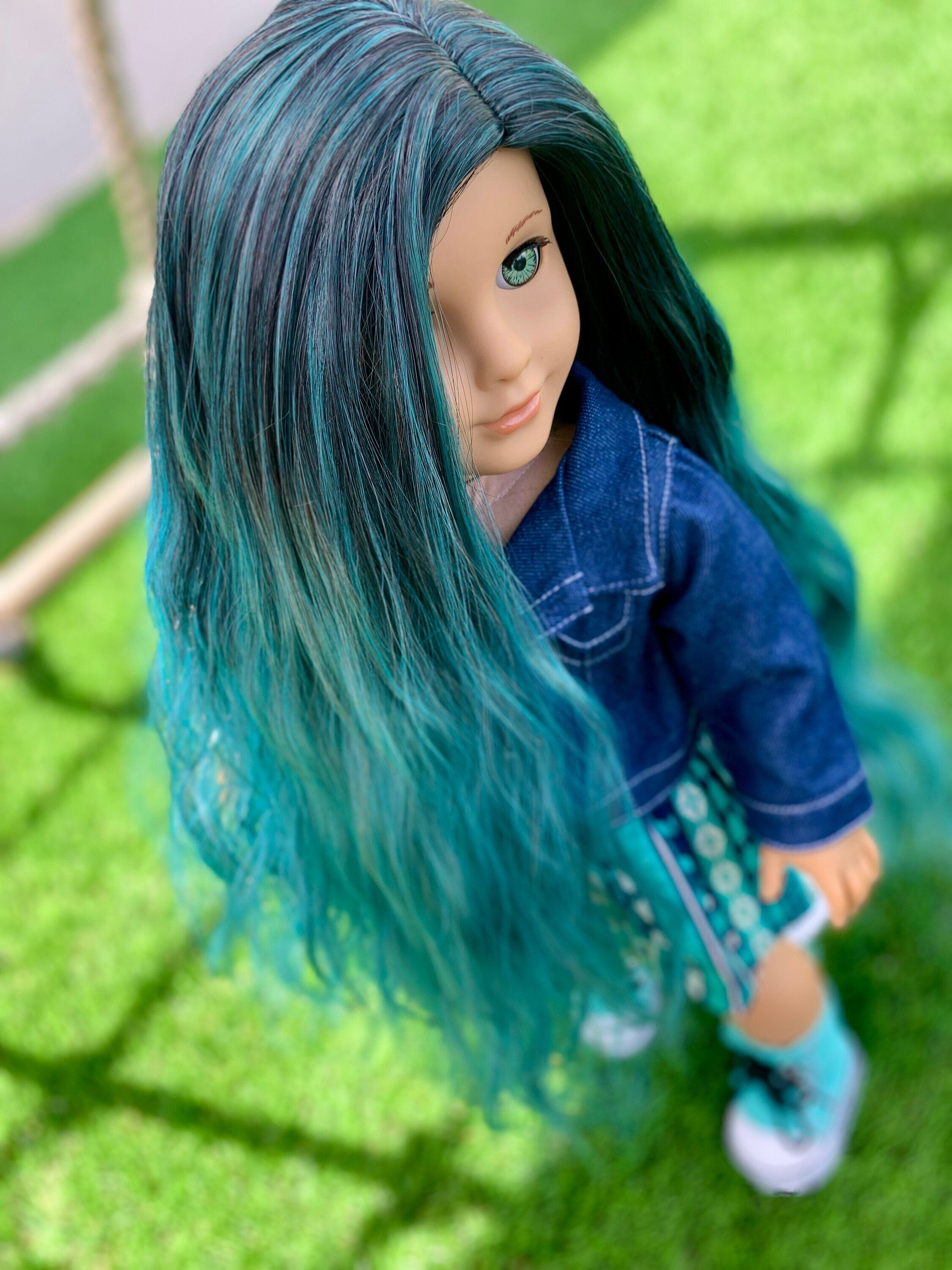 Custom DYED OMBRE Doll Wig for 18" American Girl Doll Heat Safe Tangle Resistant - fits 10-11" head size of all 18" dolls teal mermaid ombre