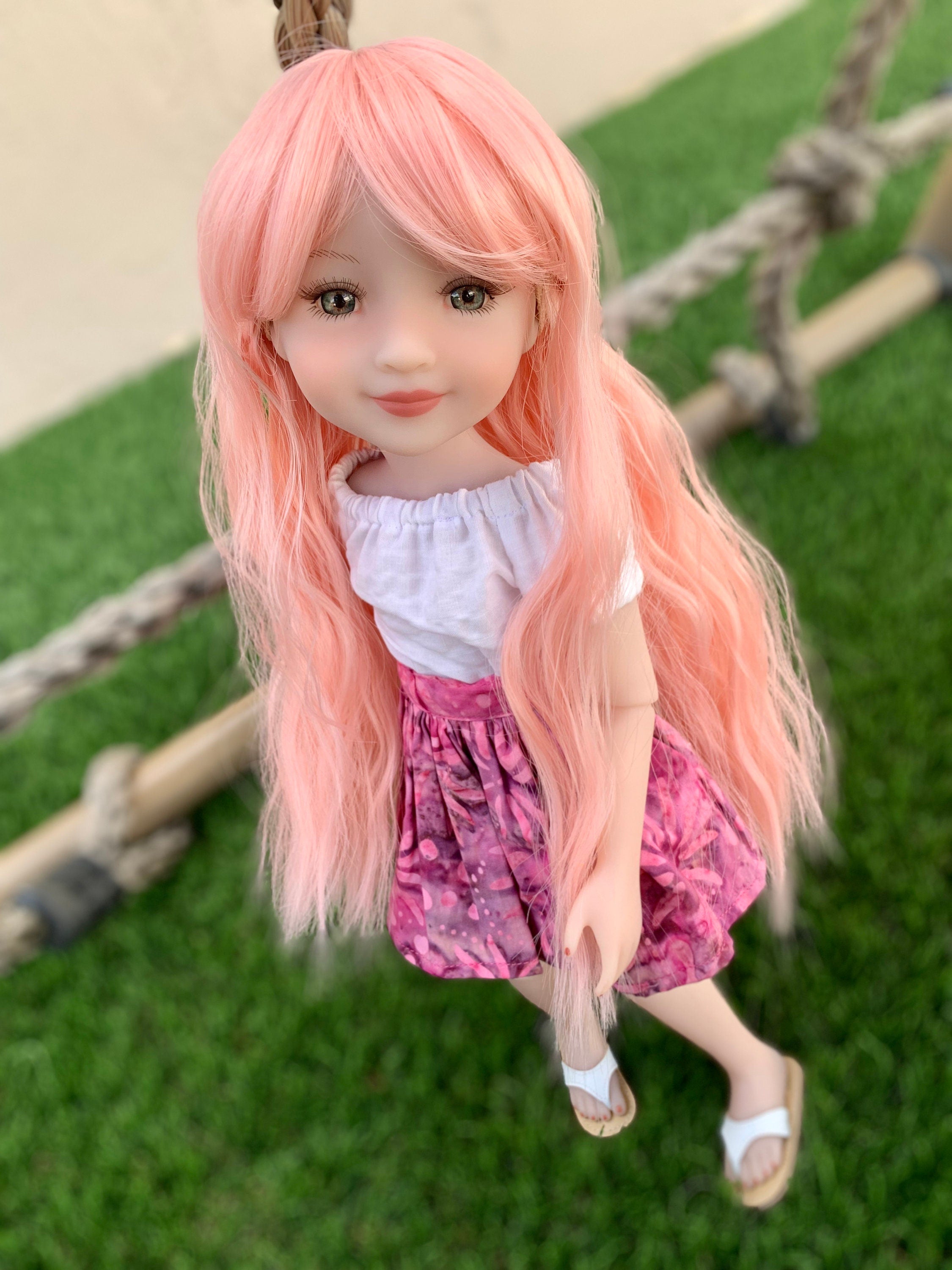 Custom  doll WIG for 14"  AG Dolls - Heat Safe-Tangle Resistant-fits 8-9" head size Kaye Wiggs  RRFF girls of the orient Pink Peach