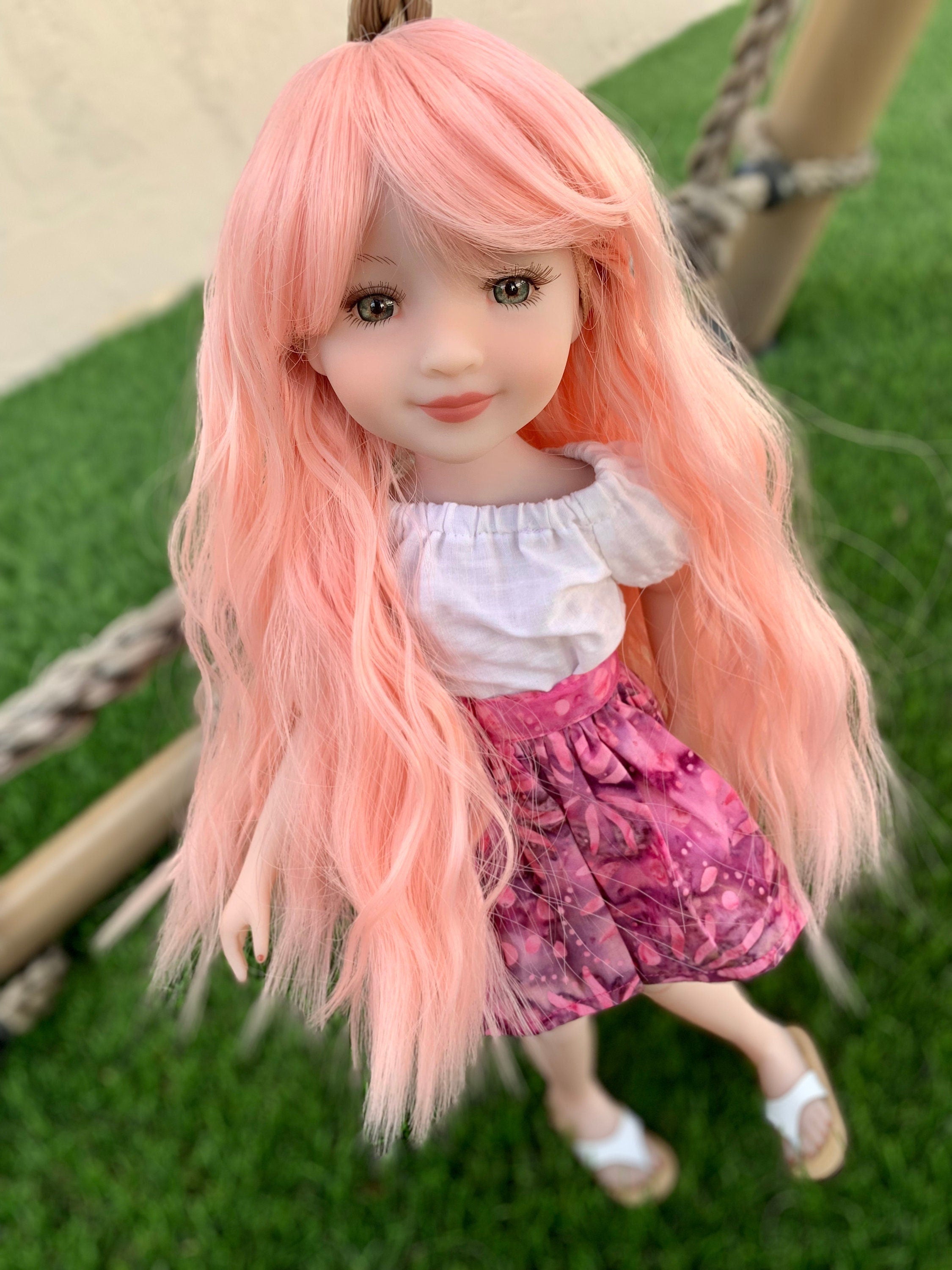 Custom  doll WIG for 14"  AG Dolls - Heat Safe-Tangle Resistant-fits 8-9" head size Kaye Wiggs  RRFF girls of the orient Pink Peach