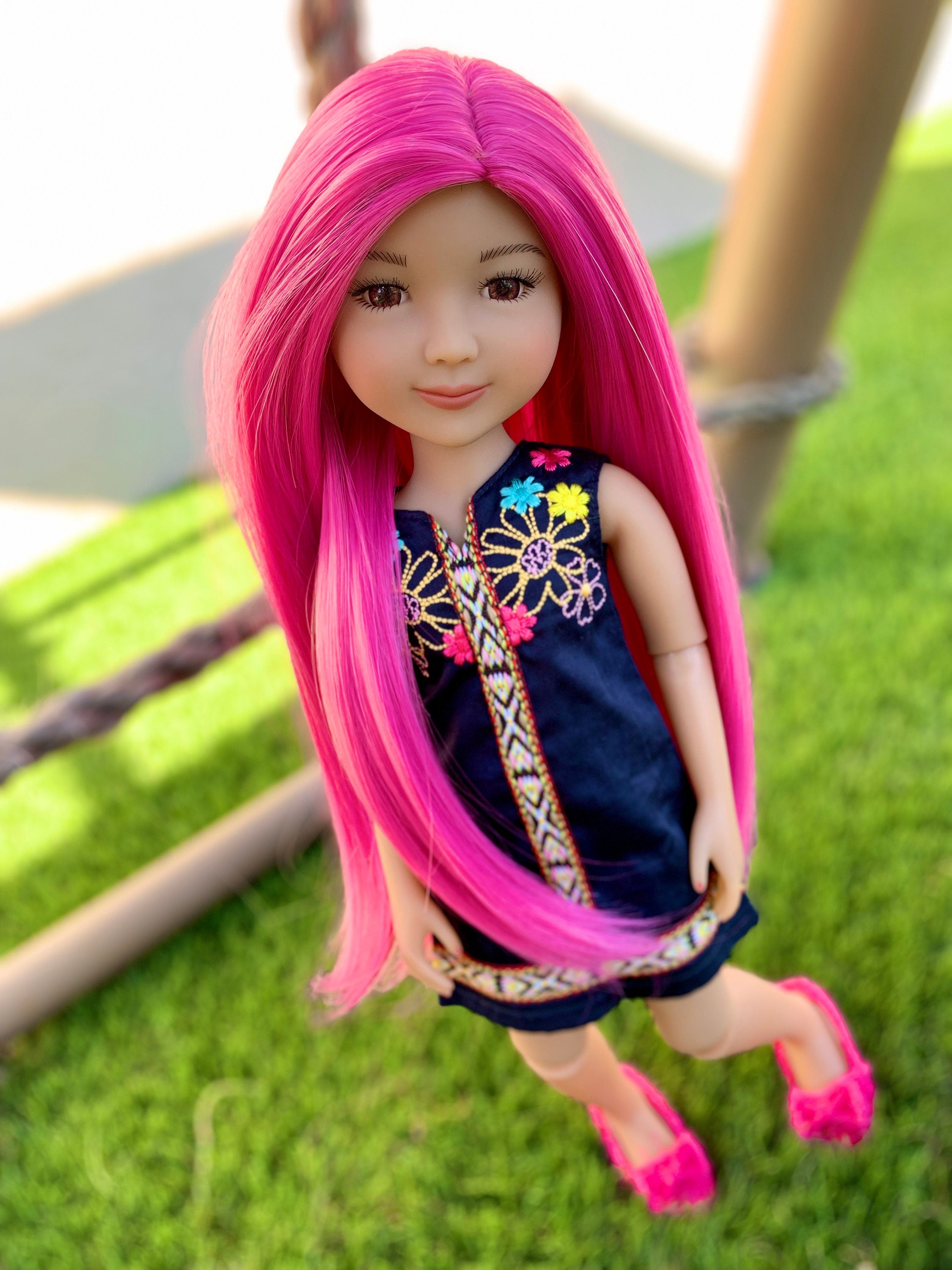 Custom  doll WIG for 14"  AG Dolls - Heat Safe-Tangle Resistant-fits 8-9" head size Kaye Wiggs  RRFF girls of the orient Hot pink