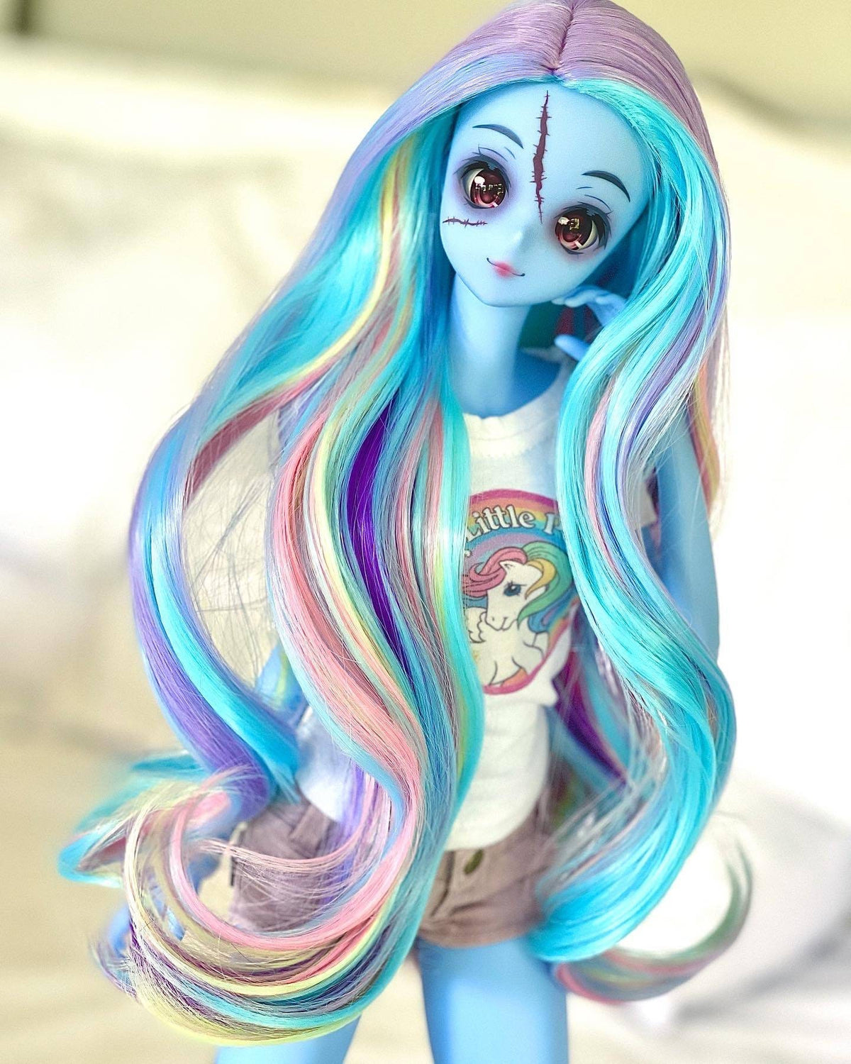 Custom doll WIG for Smart Dolls- Heat Safe - Tangle Resistant- 8.5" head size of Bjd, SD, Dollfie Dream dolls Unicorn Rainbow