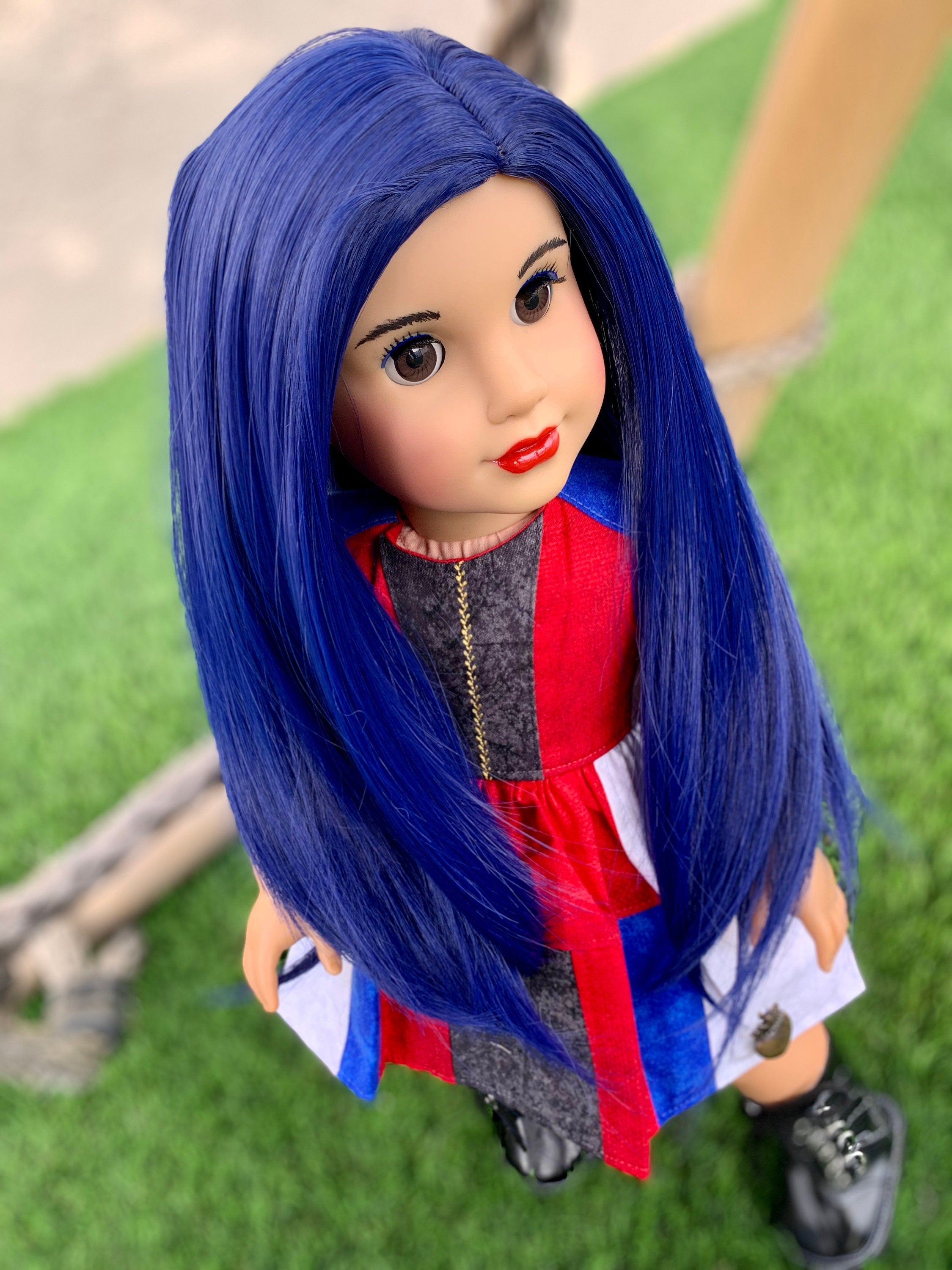 Custom doll wig for 18" American Girl Dolls - Heat Safe - Tangle Resistant - fits 10-11" head size of 18" dolls OG Blythe BJD Gotz Blue Evie