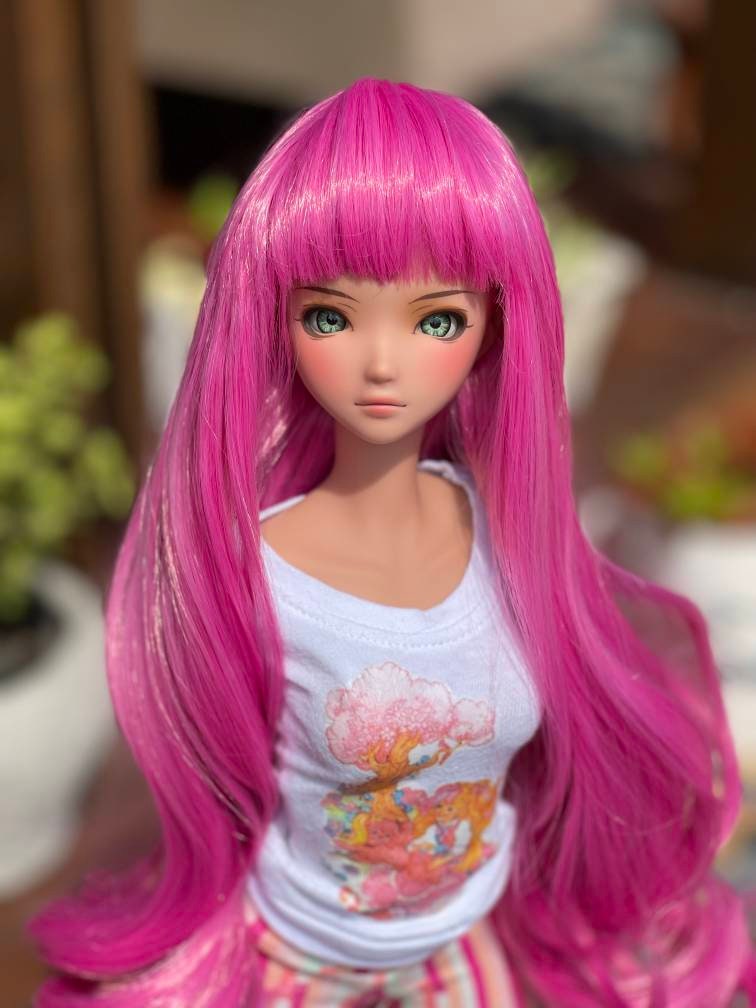 Custom doll Wig for Smart Dolls- Heat Safe - Tangle Resistant- 8.5" head size of Bjd, SD, Dollfie Dream dolls Hot Pink Bangs