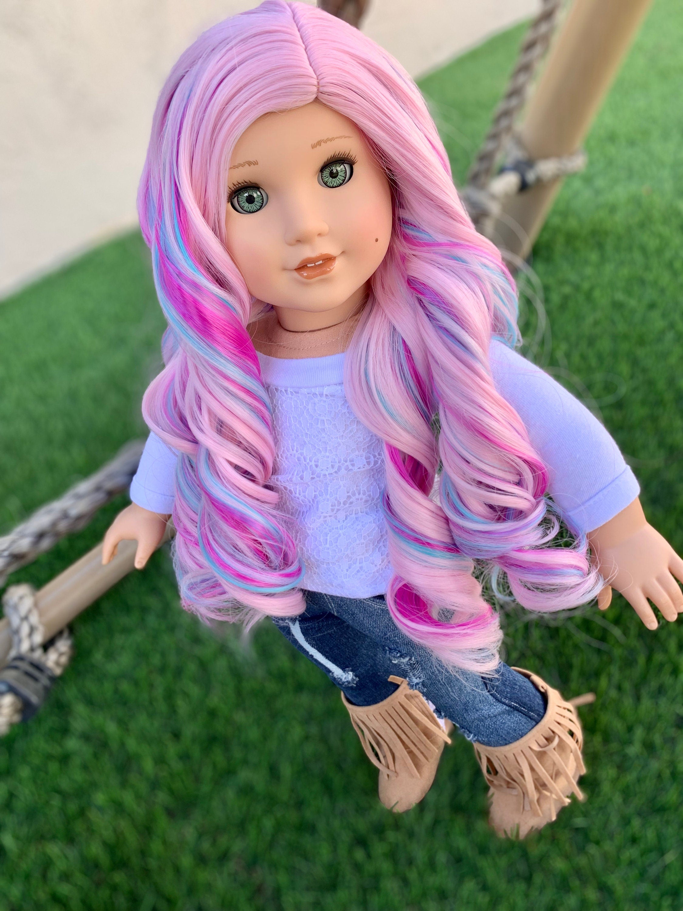 Custom doll wig for 18" American Girl Dolls -Heat & Tangle Resistant - fits 10-11"  size of 18" dolls OG Blythe BJD Gotz Rainbow Unicorn