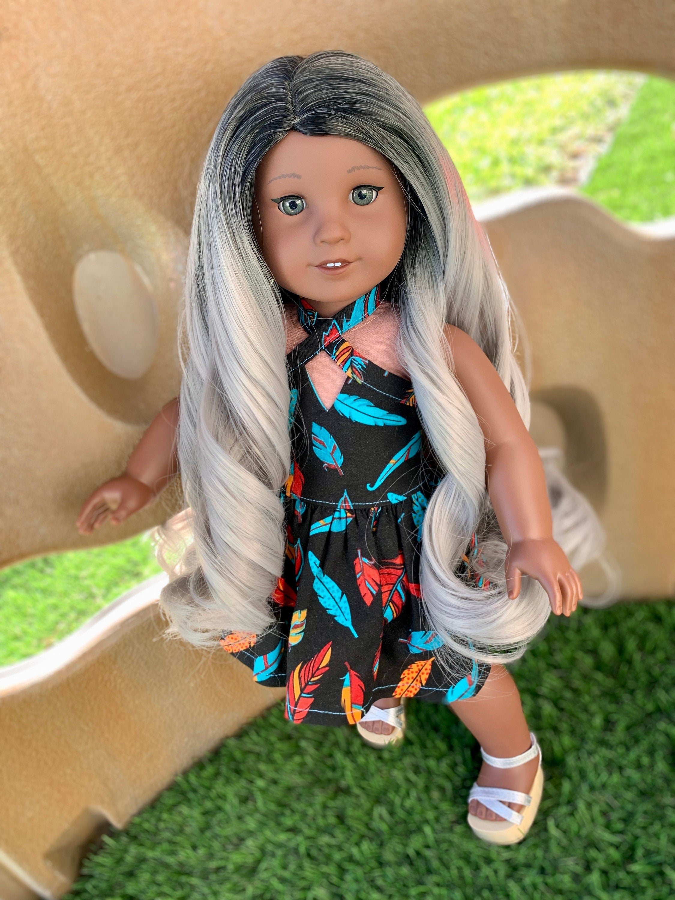 Custom DYED OMBRE Doll Wig for 18" American Girl Doll Heat Safe Tangle Resistant - fits 10-11" head size of all 18" dolls black  grey ombre