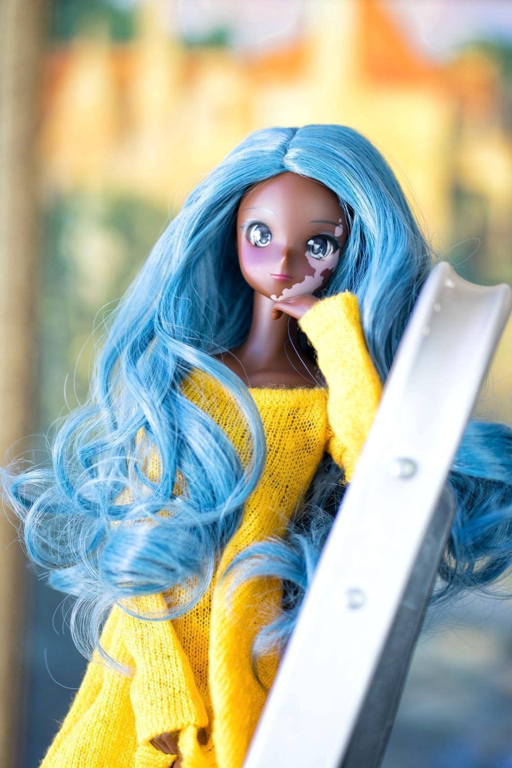 Custom doll WIG for Smart Dolls- Heat Safe - Tangle Resistant- 8.5" head size of BJD, SD, Dollfie Dream dolls  curls Tan Cap Blue
