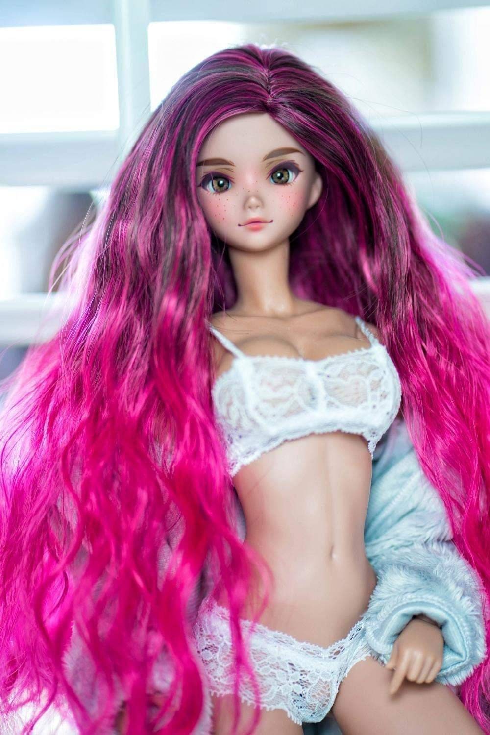 Custom doll WIG for Smart Dolls- Heat Safe - Tangle Resistant- 8.5" head size of BJD, SD, Dollfie Dream dolls  Tan Cap Cherry pink