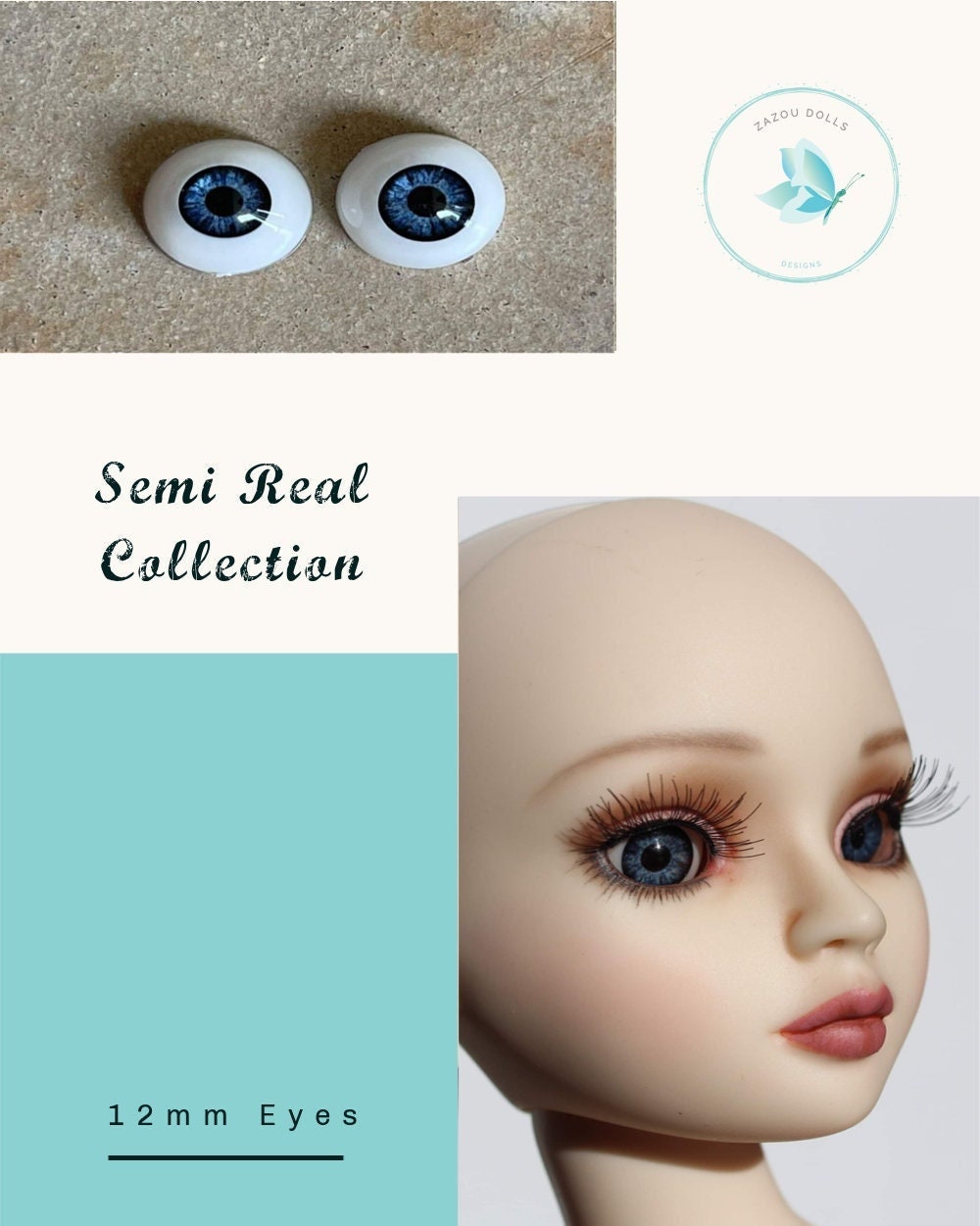 Natural Ellowyne Tonner Doll Eyes , realistic doll eyes, doll eyes replacement, 12mm Fit Paola, BJD, SD Semireal Doll & similar Dark Blue