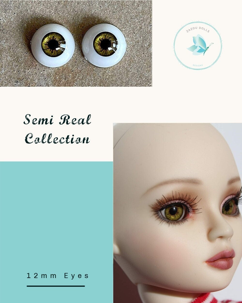 Natural Ellowyne Tonner Doll Eyes , realistic doll eyes, doll eyes replacement, 12mm Fit Paola, BJD, SD Semireal Doll & similar Golden green