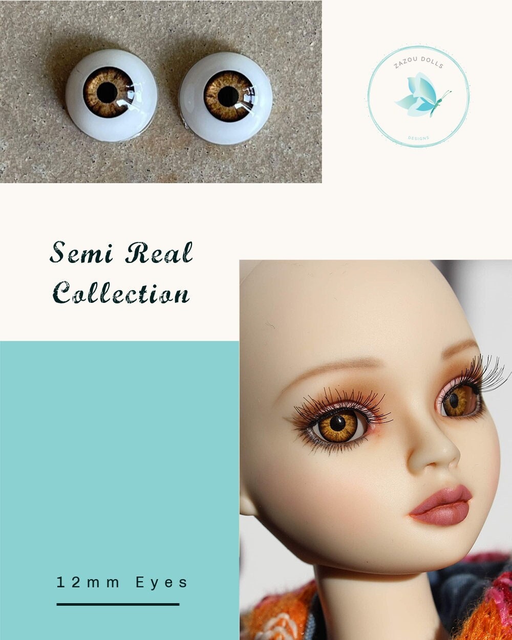 Natural Ellowyne Tonner Doll Eyes , realistic doll eyes, doll eyes replacement, 12mm Fit Paola, BJD, SD Semireal Doll & similar Golden Brown