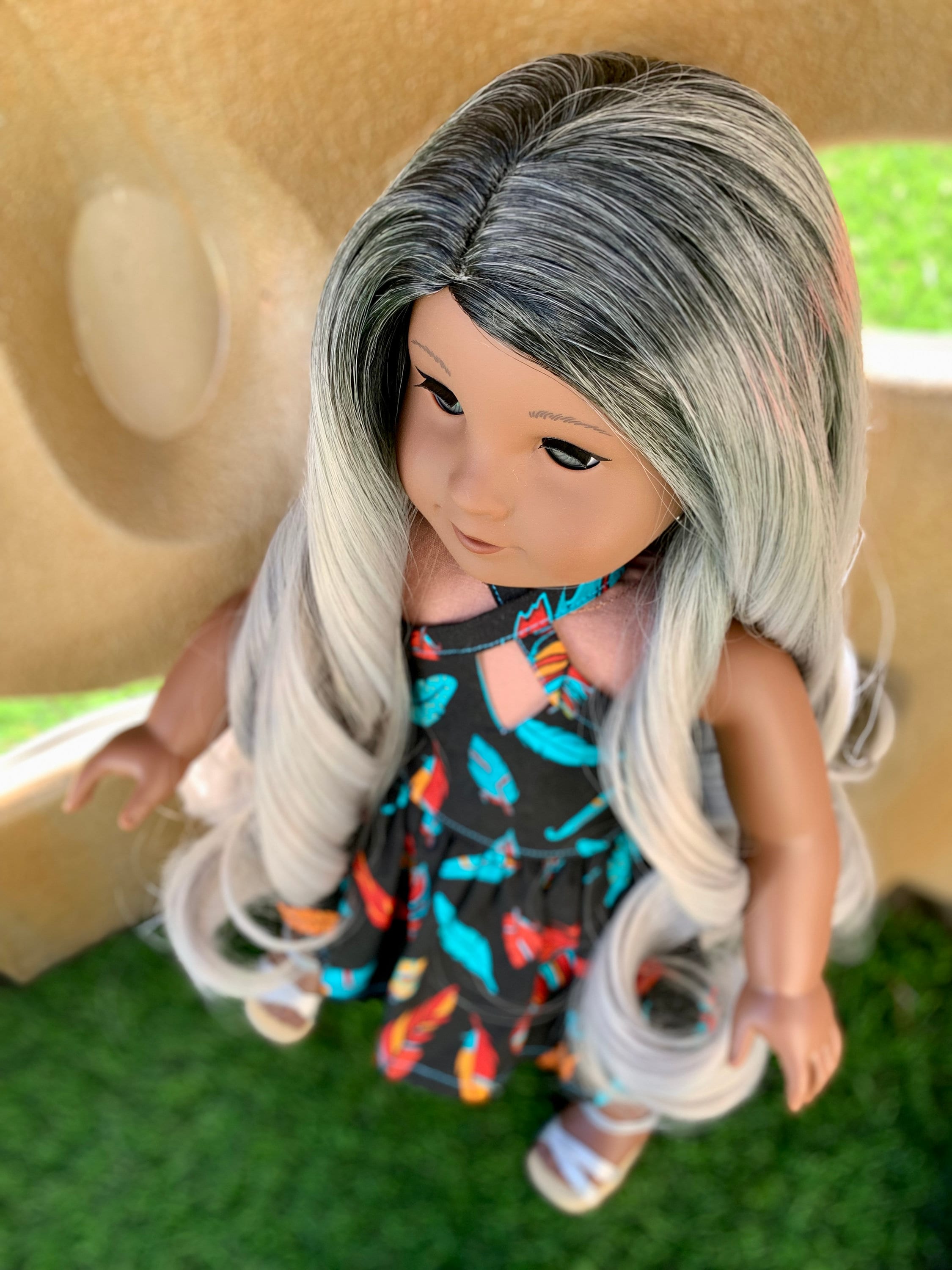 Custom DYED OMBRE Doll Wig for 18" American Girl Doll Heat Safe Tangle Resistant - fits 10-11" head size of all 18" dolls black  grey ombre